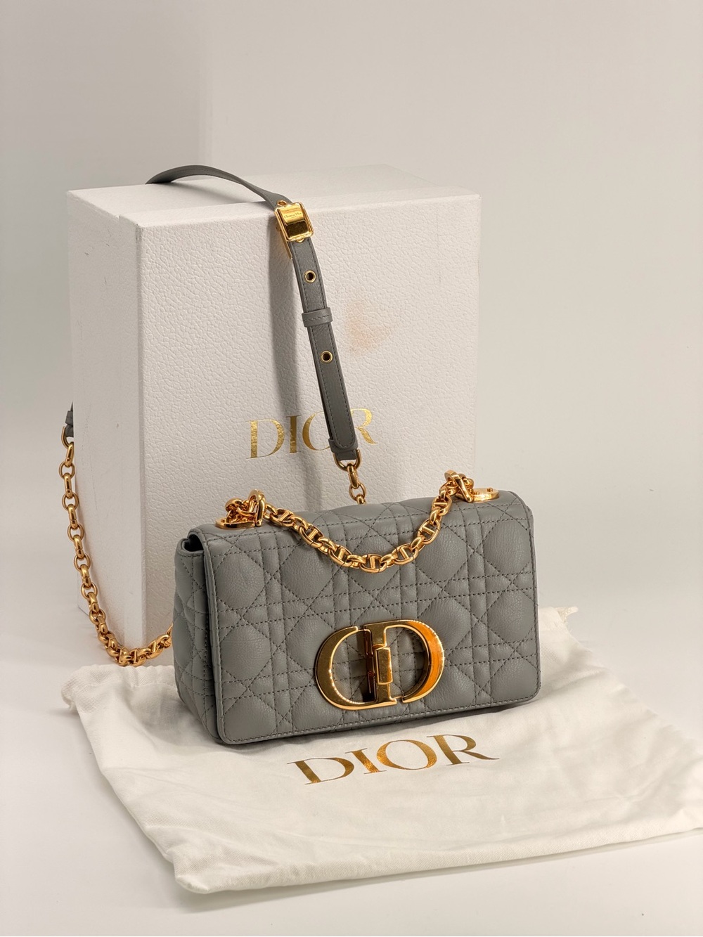 Dior Caro Medium Stone Gray Cannage Calfskin Leather Shoulder Bag